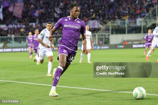 Christian Kouame is controlling the ball during the UEFA Europa Conference League 2023/24 quarter-final second leg match between ACF Fiorentina and...