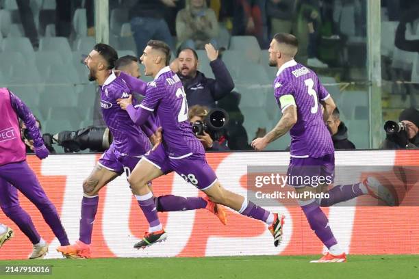 Nolas Gonzalez is scoring a goal during the UEFA Europa Conference League 2023/24 quarter-final second leg match between ACF Fiorentina and FC...