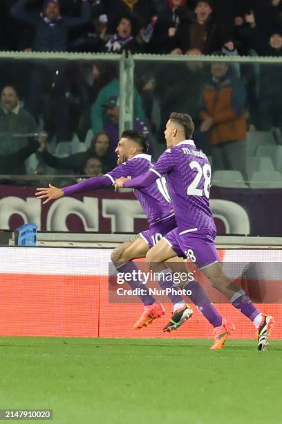 Nolas Gonzalez is scoring a goal during the UEFA Europa Conference League 2023/24 quarter-final second leg match between ACF Fiorentina and FC...