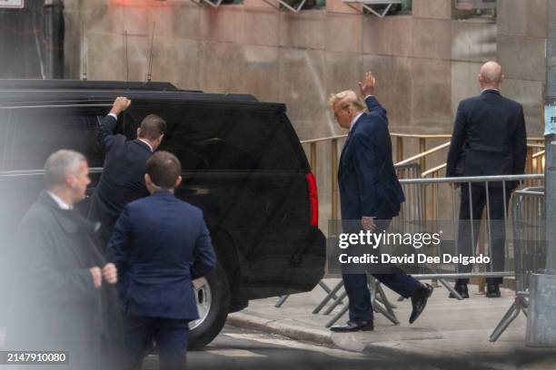 Former U.S. President Donald Trump departs Manhattan Criminal Court on the third day of jury selection in his criminal trial on April 18, 2024 in New...