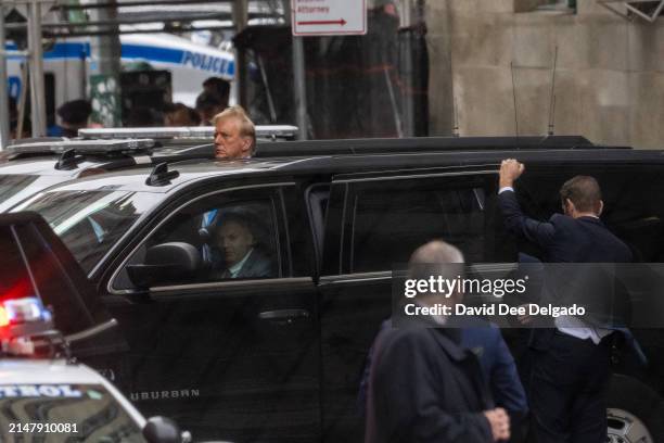 Former U.S. President Donald Trump departs Manhattan Criminal Court on the third day of jury selection in his criminal trial on April 18, 2024 in New...