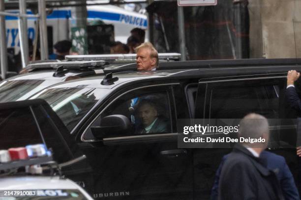 Former U.S. President Donald Trump departs Manhattan Criminal Court on the third day of jury selection in his criminal trial on April 18, 2024 in New...