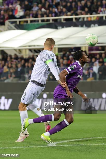 Christian Kouame of ACF Fiorentina is controlling the ball during the UEFA Europa Conference League 2023/24 quarter-final second leg match between...