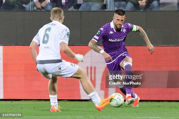 Cristiano Biraghi of ACF Fiorentina and Lukas Cerv of FC Viktoria Plzen are battling for the ball during the UEFA Europa Conference League 2023/24...