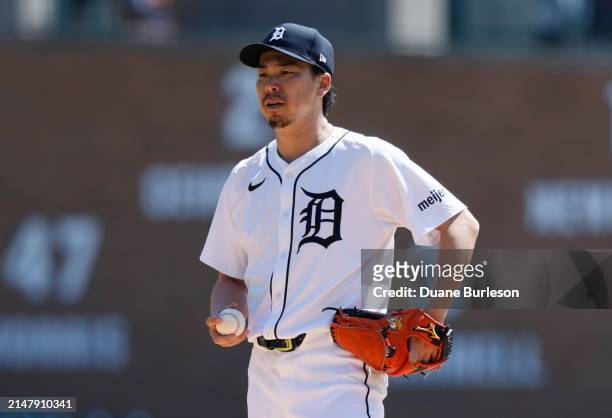 Kenta Maeda of the Detroit Tigers waits to pitch against the Texas Rangers during the second inning at Comerica Park on April 18, 2024 in Detroit,...