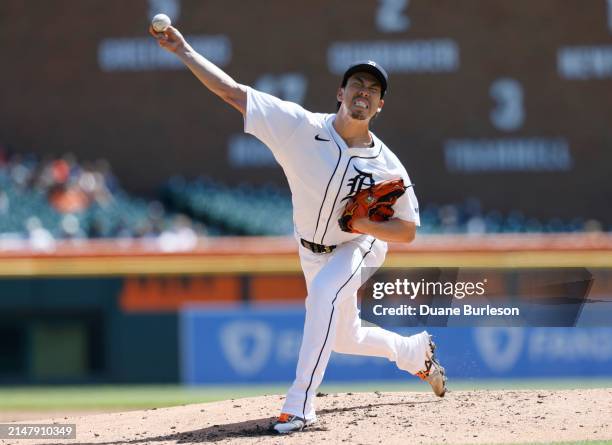 Kenta Maeda of the Detroit Tigers pitches against the Texas Rangers during the second inning at Comerica Park on April 18, 2024 in Detroit, Michigan.