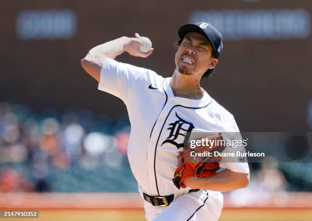 Kenta Maeda of the Detroit Tigers pitches against the Texas Rangers during the first inning at Comerica Park on April 18, 2024 in Detroit, Michigan.