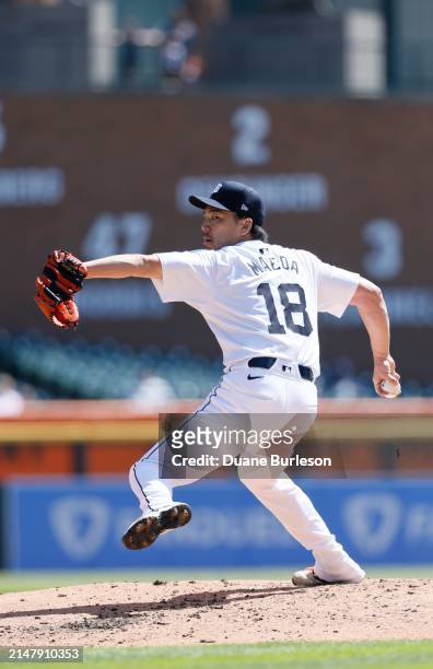 Kenta Maeda of the Detroit Tigers pitches against the Texas Rangers during the second inning at Comerica Park on April 18, 2024 in Detroit, Michigan.