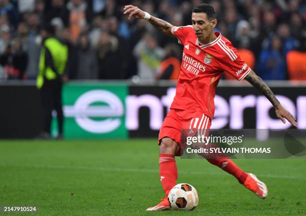 Benfica's Argentinian forward Angel Di Maria shoots during the penalty shoot out during the UEFA Europa League quarter final second leg football...