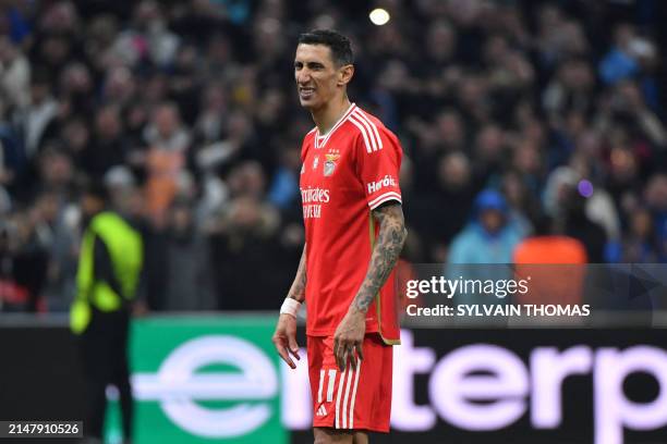 Benfica's Argentinian forward Angel Di Maria reacts after missing during the penalty shoot out during the UEFA Europa League quarter final second leg...