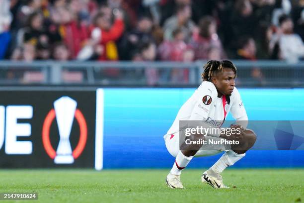 Samuel Chukwueze of AC Milan looks dejected during the UEFA Europa League 2023/24 Quarter-Final second leg match between AS Roma and AC Milan at...