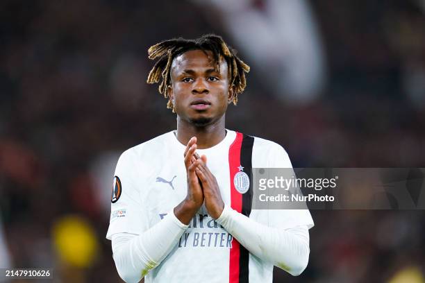 Samuel Chukwueze of AC Milan greets his fans during the UEFA Europa League 2023/24 Quarter-Final second leg match between AS Roma and AC Milan at...