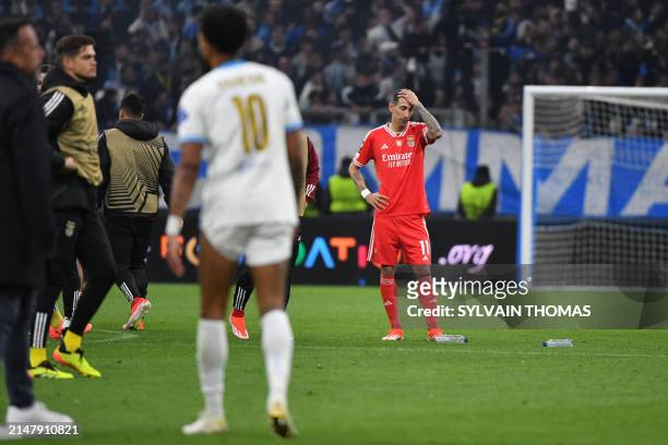 Benfica's Argentinian forward Angel Di Maria reacts at the end of the UEFA Europa League quarter final second leg football match between Olympique de...