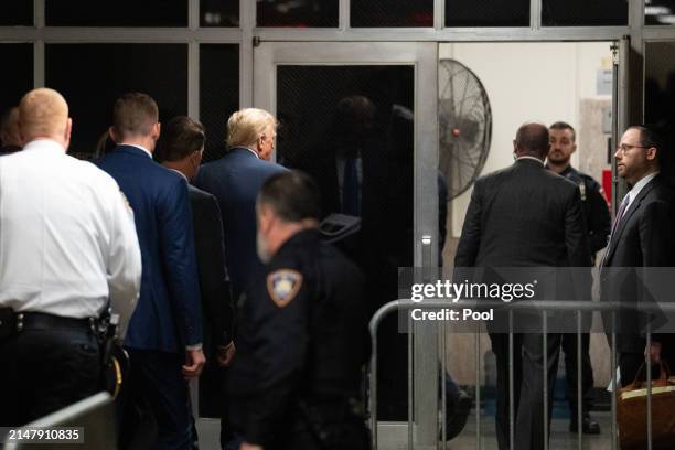 Former U.S. President Donald Trump departs Manhattan Criminal Court on April 18, 2024 in New York City. On the third day of jury selections, 12...