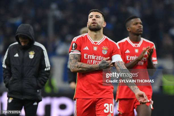 Benfica's Argentinian defender Nicolas Otamendi reacts after his team lost in the UEFA Europa League quarter final second leg football match between...