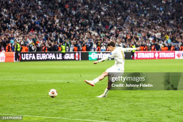 Leonardo BALERDI of Marseille during the penalty shoot-out during the UEFA Europa League Quarter-finals match between Marseille and Benfica at Oragne...