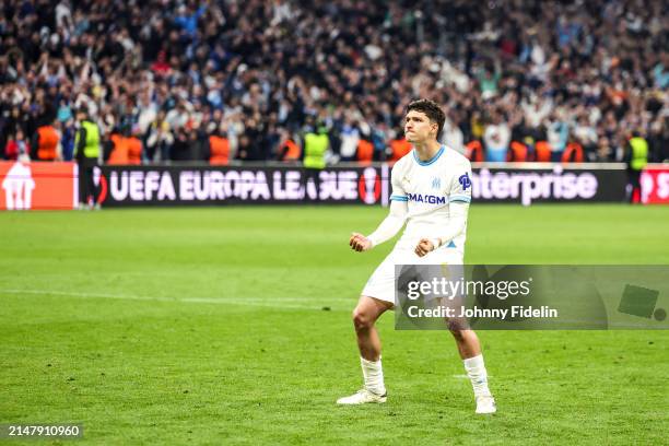 Leonardo BALERDI of Marseille celebrates during the penalty shoot-out during the UEFA Europa League Quarter-finals match between Marseille and...