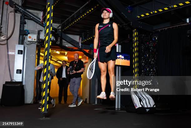 Iga Swiatek of Poland before playing against Elise Mertens of Belgium in the second round on Day Four of the Porsche Tennis Grand Prix Stuttgart 2024...