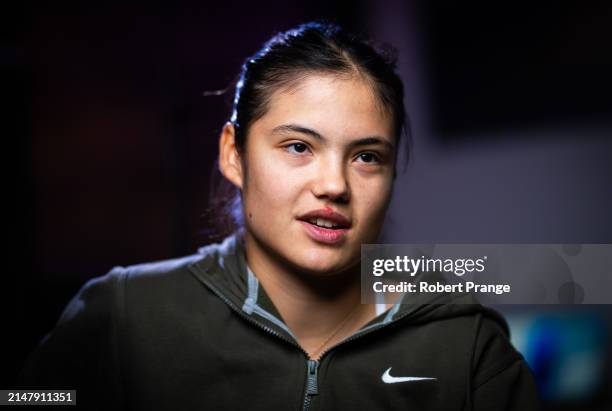 Emma Raducanu of Great Britain talks to the media after defeating Linda Noskova of the Czech Republic in the second round on Day Four of the Porsche...