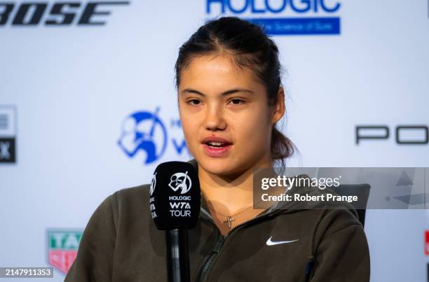 Emma Raducanu of Great Britain talks to the media after defeating Linda Noskova of the Czech Republic in the second round on Day Four of the Porsche...
