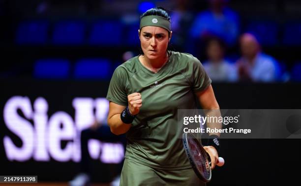 Ons Jabeur of Tunisia in action against Jasmine Paolini of Italy in the second round on Day Four of the Porsche Tennis Grand Prix Stuttgart 2024 at...