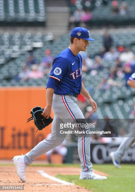 Jack Leiter of the Texas Rangers walks off the field in his MLB debut game against the Detroit Tigers at Comerica Park on April 18, 2024 in Detroit,...