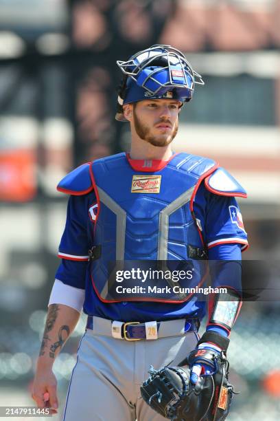 Jonah Heim of the Texas Rangers looks on during the game against the Detroit Tigers at Comerica Park on April 18, 2024 in Detroit, Michigan. The...