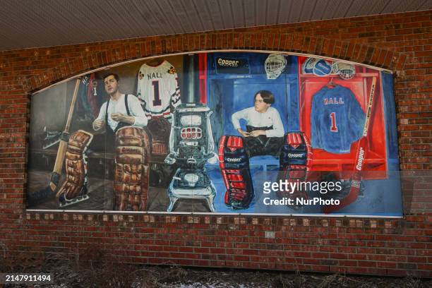 An ice hockey-related mural seen on the facade of the Old Strathcona Antique Mall, on April 17 in Edmonton, Alberta, Canada.