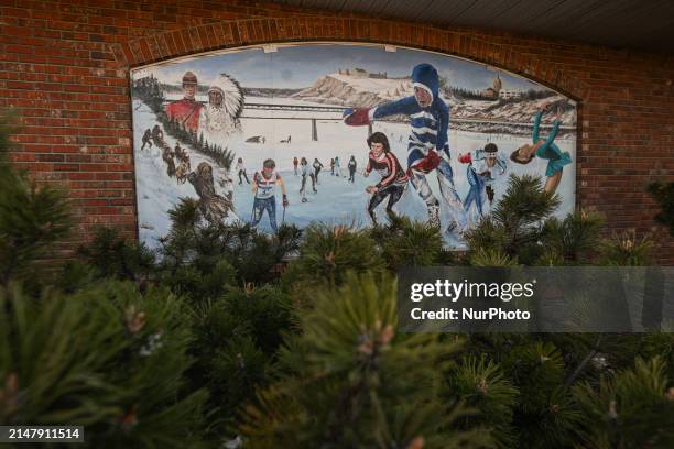 Winter sports related mural seen on the facade of the Old Strathcona Antique Mall, on April 17 in Edmonton, Alberta, Canada.