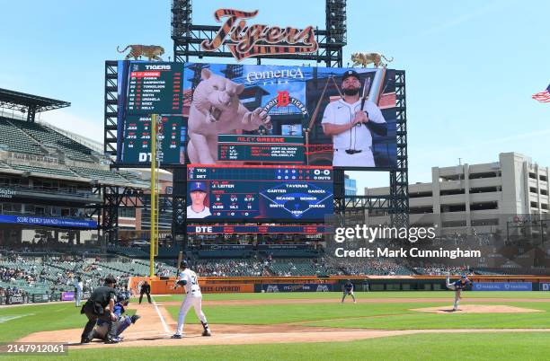 Jack Leiter of the Texas Rangers throws the first pitch of his major league career to Riley Greene of the Detroit Tigers in the bottom of the first...