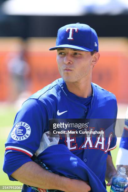 Jack Leiter of the Texas Rangers looks on in his MLB debut game against the Detroit Tigers at Comerica Park on April 18, 2024 in Detroit, Michigan....