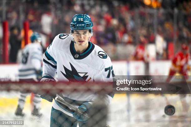 San Jose Sharks Left Wing William Eklund warms up before an NHL game between the Calgary Flames and the San Jose Sharks on April 18 at the Scotiabank...