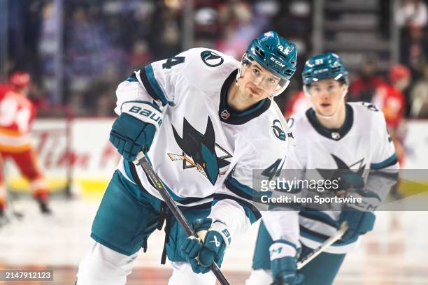 San Jose Sharks Defenceman Marc-Edouard Vlasic warms up before an NHL game between the Calgary Flames and the San Jose Sharks on April 18 at the...