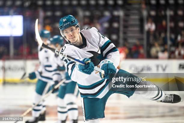 San Jose Sharks Defenceman Matt Benning warms up before an NHL game between the Calgary Flames and the San Jose Sharks on April 18 at the Scotiabank...