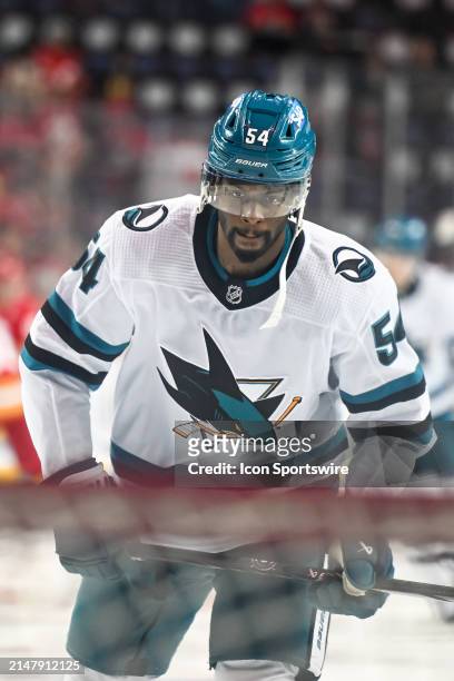 San Jose Sharks Left Wing Givani Smith warms up before an NHL game between the Calgary Flames and the San Jose Sharks on April 18 at the Scotiabank...