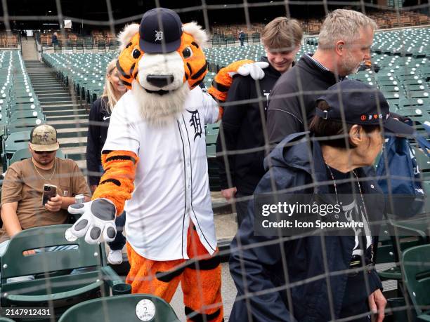 The Detroit Tigers mascot interacts with fans before a regular season Major League Baseball game between the Texas Rangers and the Detroit Tigers on...