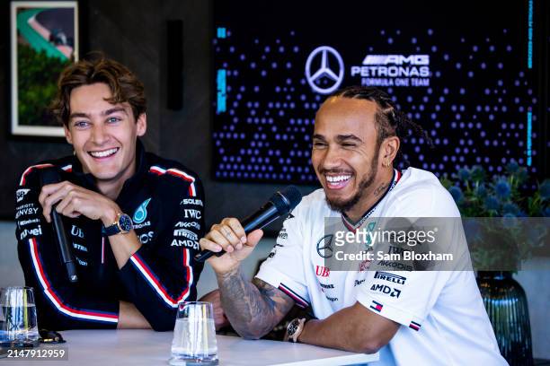 George Russell, Mercedes-AMG F1 Team and Sir Lewis Hamilton, Mercedes-AMG F1 Team during previews ahead of the F1 Grand Prix of China at Shanghai...