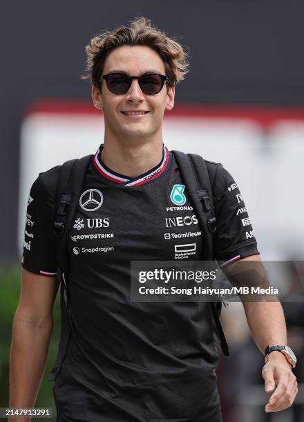 George Russell of Great Britain and Mercedes-AMG PETRONAS F1 Team arrives at the track during practice ahead of the F1 Grand Prix of China at...