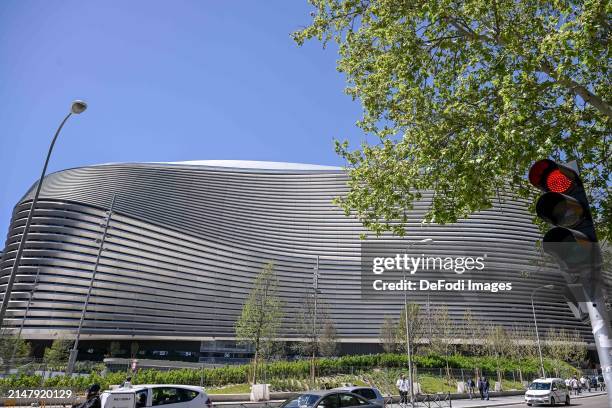 General view outside the Estadio Santiago Bernabéu prior to the UEFA Champions League quarter-final first leg match between Real Madrid CF and...