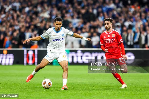 Iliman NDIAYE of Marseille and Rafa SILVA of Benfica during the UEFA Europa League Quarter-finals match between Marseille and Benfica at Oragne...