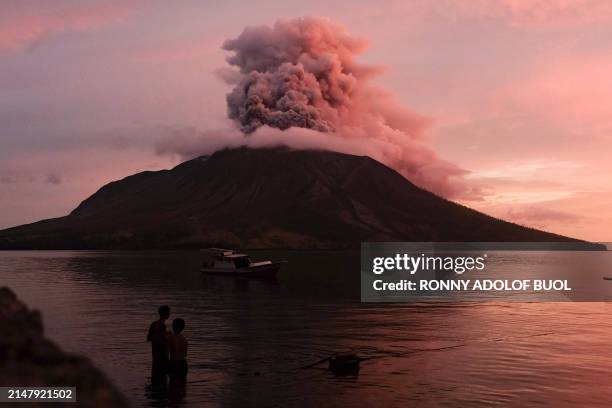 Mount Ruang volcano erupts in Sitaro, North Sulawesi, on April 19, 2024. A remote Indonesian volcano sent a tower of ash spewing into the sky on...