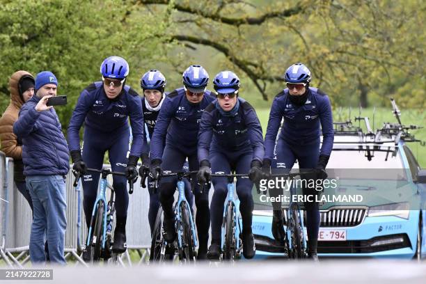 Israel-Premier Tech British rider Stevie Williams and his teammates cycle during a training and track reconnaissance session, on the 'Cote de la...
