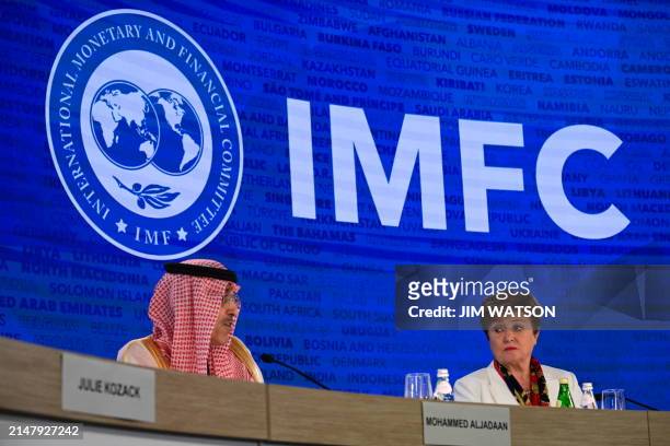Chairman Mohammed Aljadaan and IMF Managing Director Kristalina Georgieva speak during a briefing about the International Monetary and Financial...