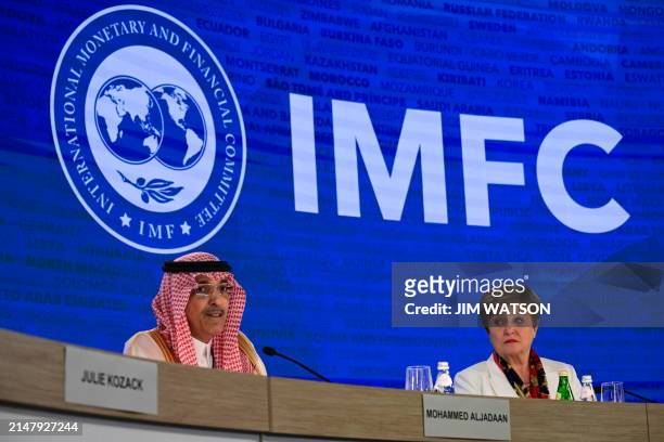 Chairman Mohammed Aljadaan and IMF Managing Director Kristalina Georgieva speak during a briefing about the International Monetary and Financial...
