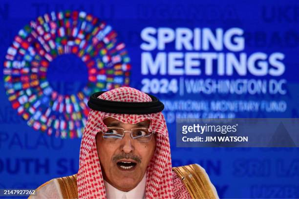 Chairman Mohammed Aljadaan speaks during a briefing about the International Monetary and Financial Committee during the IMF-World Bank Group spring...