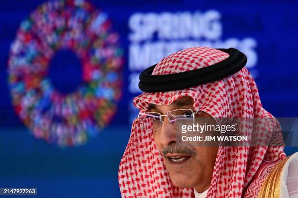 Chairman Mohammed Aljadaan speaks during a briefing about the International Monetary and Financial Committee during the IMF-World Bank Group spring...