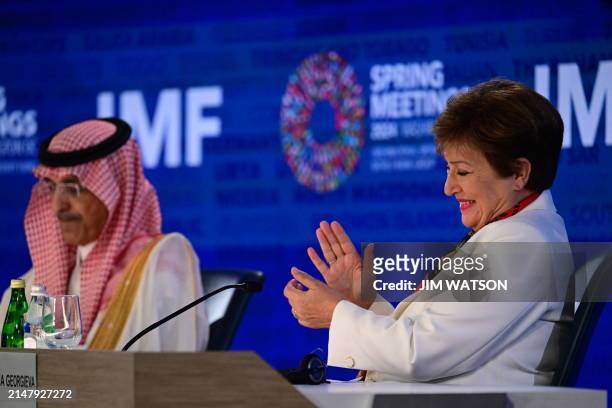Chairman Mohammed Aljadaan and IMF Managing Director Kristalina Georgieva attend a briefing about the International Monetary and Financial Committee...
