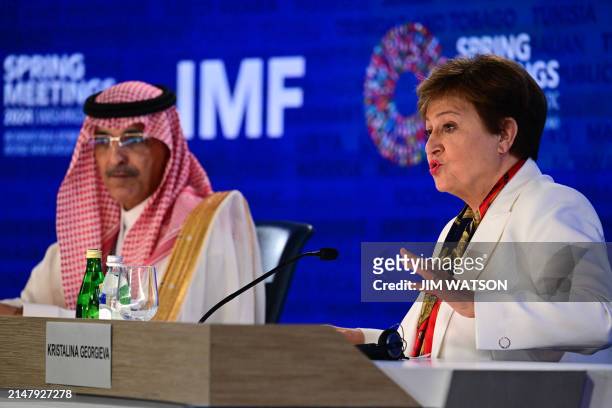 Chairman Mohammed Aljadaan listens as IMF Managing Director Kristalina Georgieva speaks during a briefing about the International Monetary and...