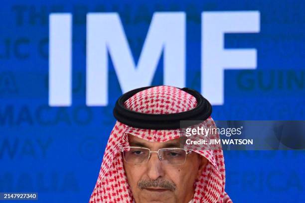 International Monetary and Financial Committee Chairman Mohammed Aljadaan speaks during a briefing about the IMFC during the IMF-World Bank Group...