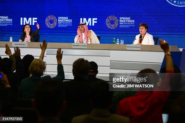 International Monetary and Financial Committee Chairman Mohammed Aljadaan and IMF Managing Director Kristalina Georgieva take question during a...
